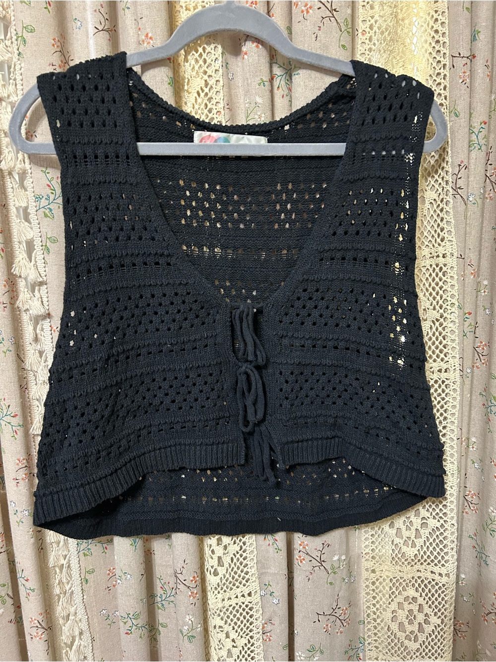 FP Beach Black Crochet Knit Tie Front Sweater Vest Beach Cover-Up Medium